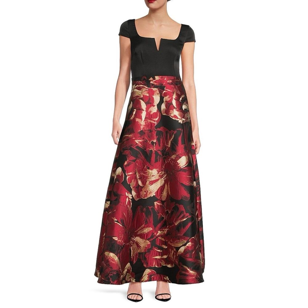 Adrianna Papell Aidan Mattox Split Neck Red Black Jacquard Gown Dress Size 10
